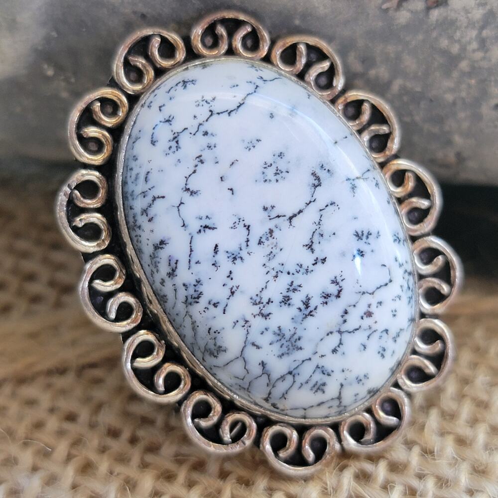 Sterling Silver Dendritic Agate Ring, Size 6.25, Handmade Boho Statement Jewelry